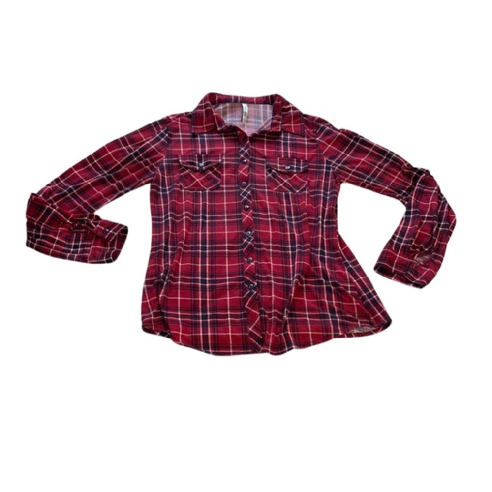 Red and Black Plaid Blouse with Long Sleeves